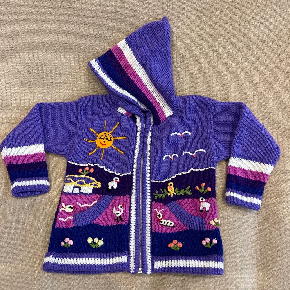 Handmade Peruvian Wool Knit Sweater Zip Front Hoodie Jacket  2T 3T Toddler Girls